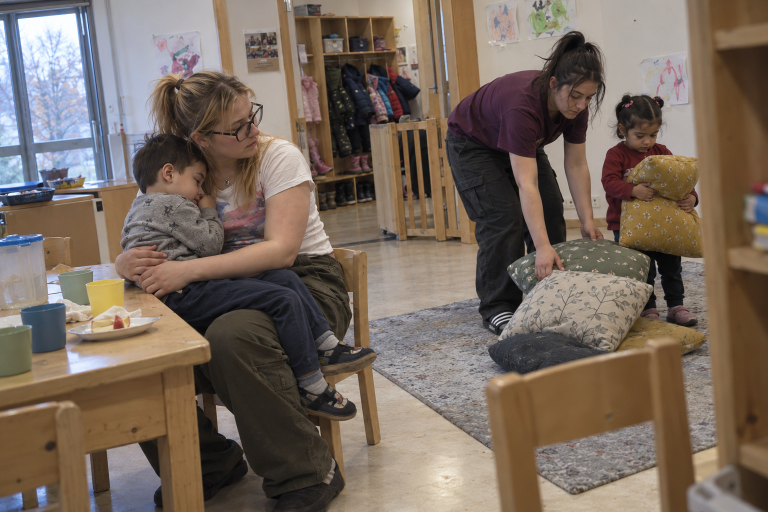 Praxissituation Synthese: Eine Betreuungsperson hält ein müdes Kind auf dem Schoss, zwei weitere richten eine Kuschelecke mit Kissen ein