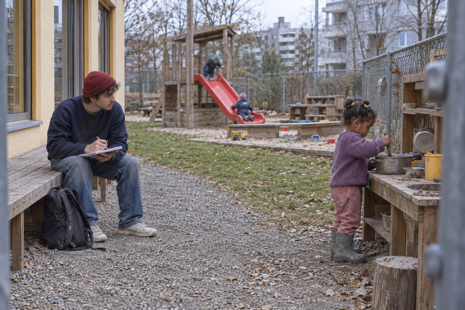 Moreno beobachtet Selam beim Spielen mit der Spielküche im Kita-Garten