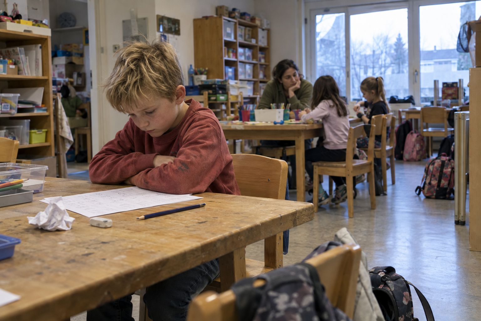 Lars (7 Jahre 6 Monate) in der Tagesbetreuung bei den Hausaufgaben
