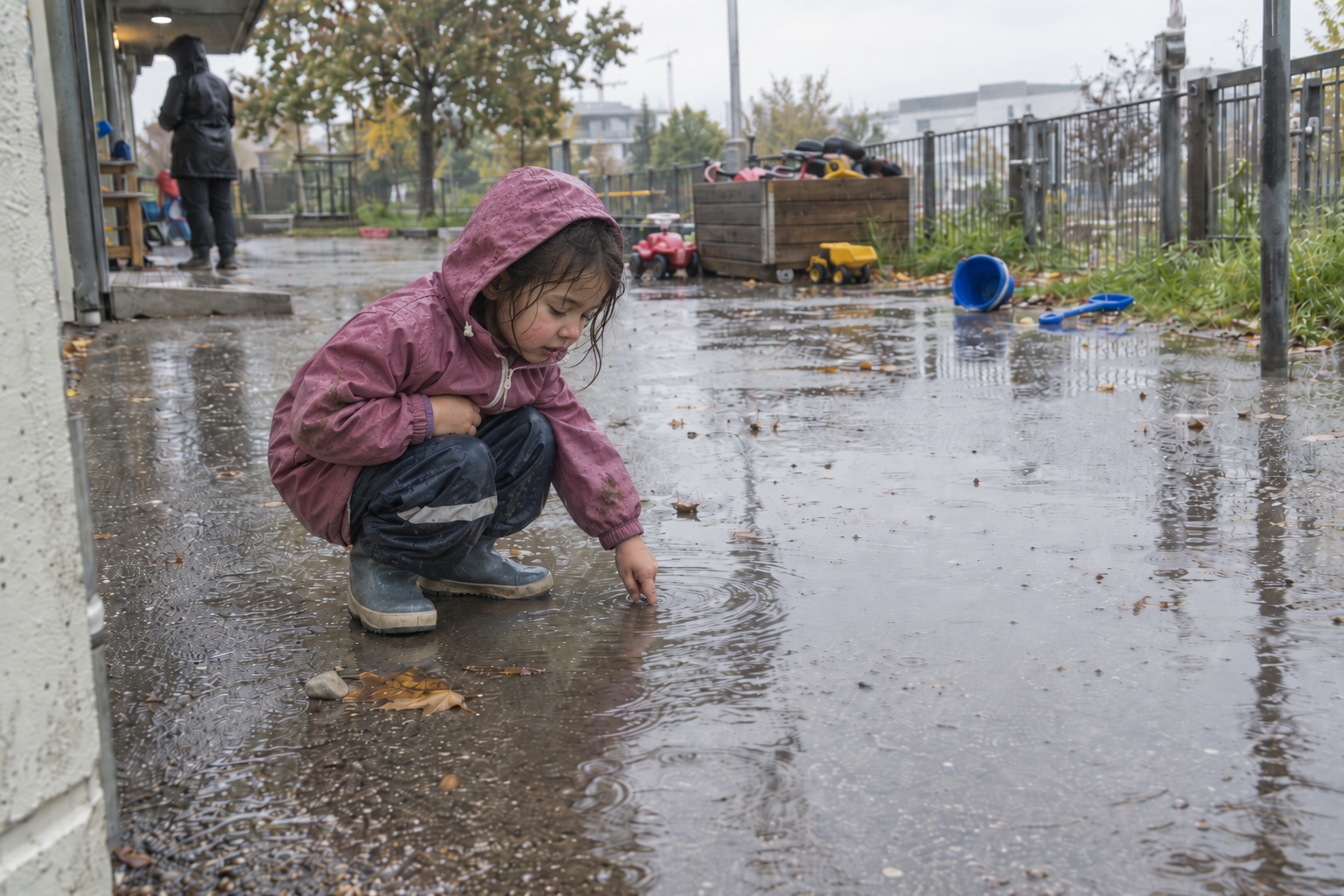Carla entdeckt bei Regen eine Pfütze und erkundet sie mit allen Sinnen
