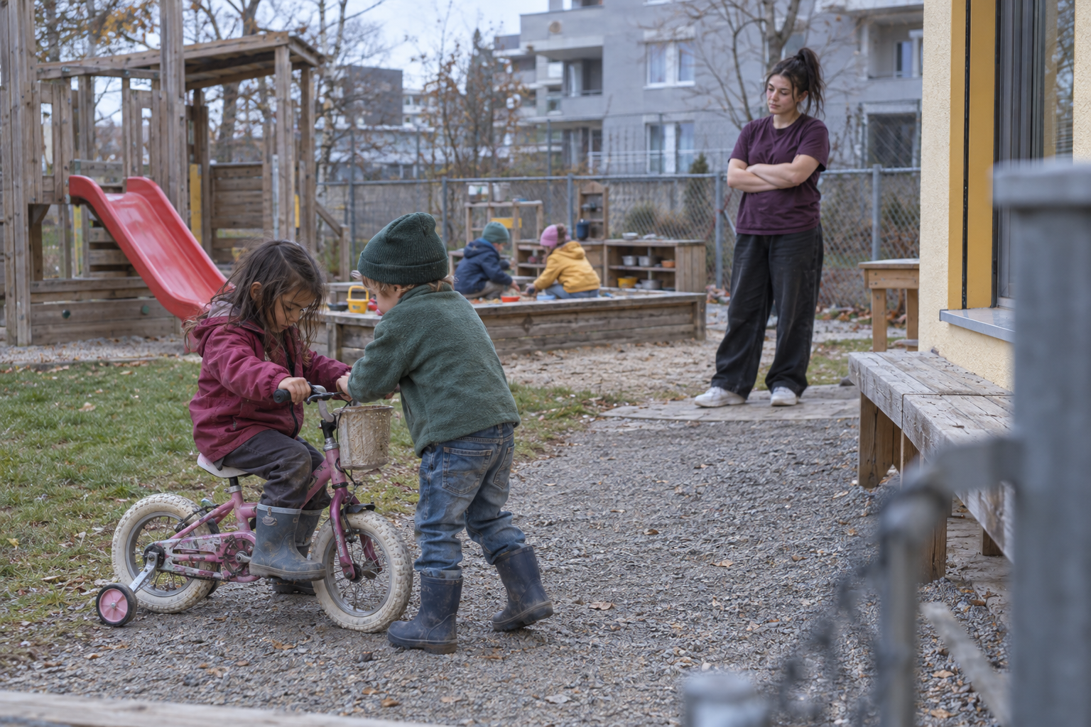 Praxissituation: Zwei Kinder streiten um ein Velo im Garten