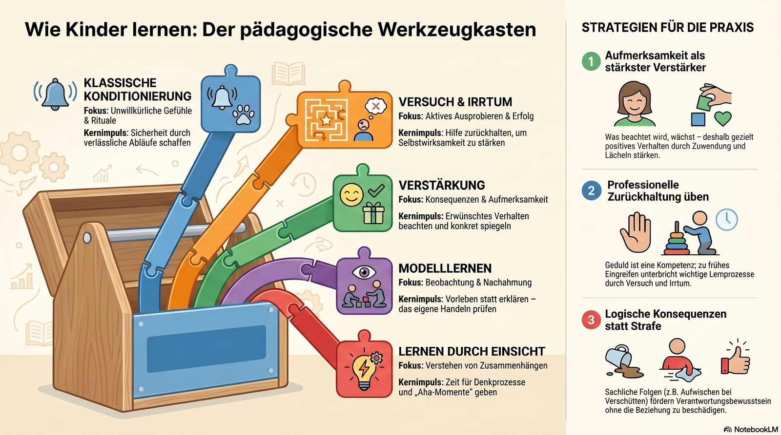 Fünf Lerntheorien als Werkzeuge in einem Werkzeugkasten dargestellt: klassische Konditionierung, Versuch und Irrtum, Verstärkung, Modelllernen und Lernen durch Einsicht