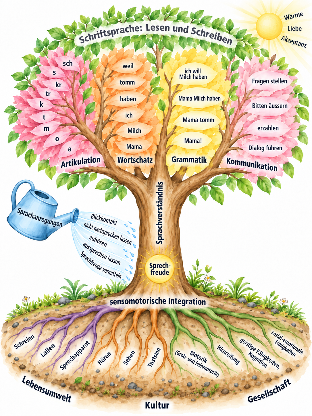 Ein Baum als Modell der Sprachentwicklung: Erdreich, Wurzeln, Stamm und Krone stehen für Beziehung, Voraussetzungen, Sprechfreude und die sichtbaren Sprachleistungen